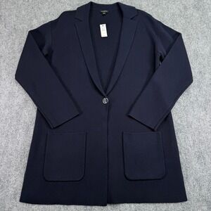 Talbots Women Sweater Blazer Medium Navy Patch Pocket Cotton Rayon Knit Cardigan